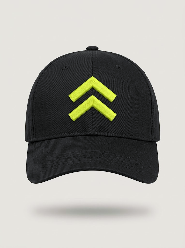 Gros plan de la Casquette Briscard : galon brodé en relief, fil lime sur sergé noir.