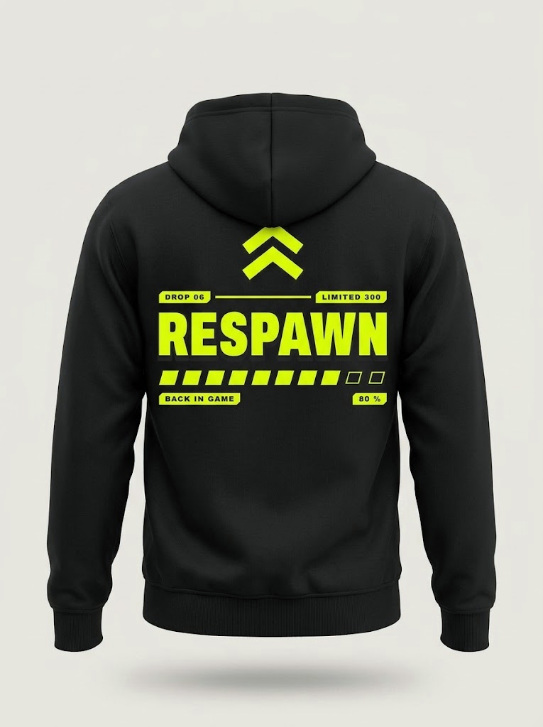 Hoodie Respawn noir vu de dos, RESPAWN en lime