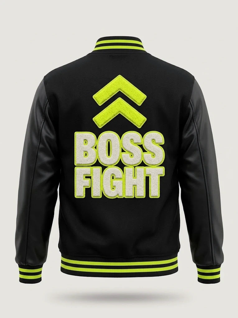 Dos de la Veste Boss Fight : lettrage BOSS FIGHT en chenille bouclée, bordé de lime.